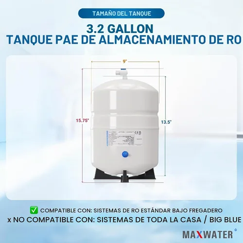 Vista 3 de Max Water Certificado NSF Tanque de almacenamiento de agua de ósmosis inversa de servicio pesado de 4,4 galones @100 PSI RO (ósmosis inversa), PA-E