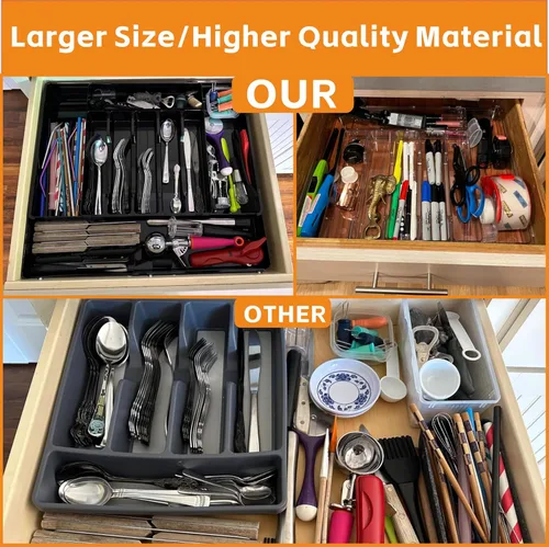 Vista 4 de Organizadores expandibles de cubiertos para cajones de cocina, gran organizador de cubiertos sin BPA para cajones, organizador de utensilios