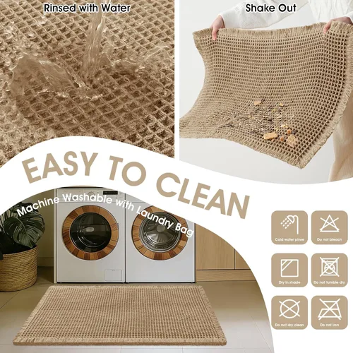 Vista 5 de Tapete de baño con diseño de gofre, moderno, bohemio, absorbente, antideslizante, ultrasuave, lavable a máquina, con letra de baño, dormitorio