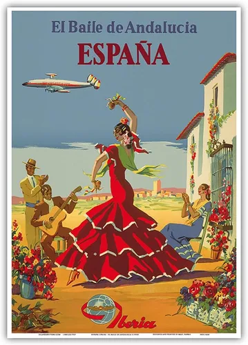 Vista 11 de España (España) - La danza de Andalucía (El Baile de Andalucia) - Iberia Air Lines of Spain - Póster vintage de viaje de aerolínea c.1950s