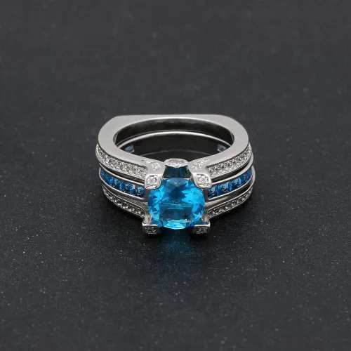 Vista 7 de UFOORO Juego de anillos de boda de cristal azul cielo para mujer, chapado en platino