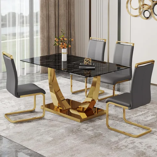 Vista 11 de Juego de mesa de comedor de 63 pulgadas para 4, juego de mesa de comedor dorado moderno para 4, juego de mesa de cocina de mármol sintético