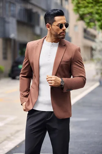 Vista 53 de COOFANDY Suéter de punto Henley para hombre, manga larga, con botones, ligero, para otoño, ajustado, acanalado