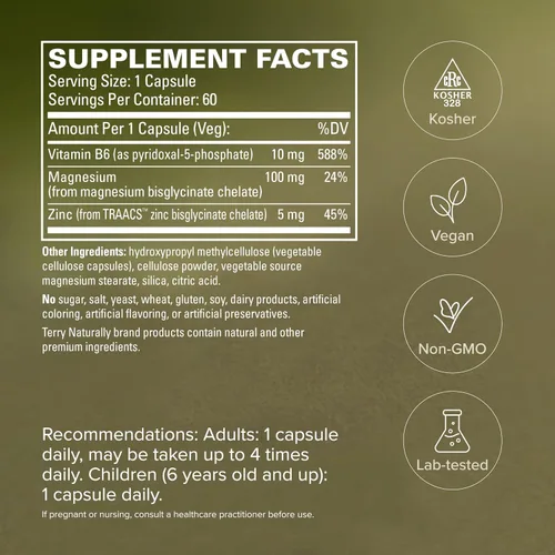 Vista 5 de Terry Naturally P-5-P/MAG - 60 cápsulas veganas - Vitamina B6 (piridoxal-5-fosfato), suplemento de zinc y magnesio, apoya la salud del corazón, sin
