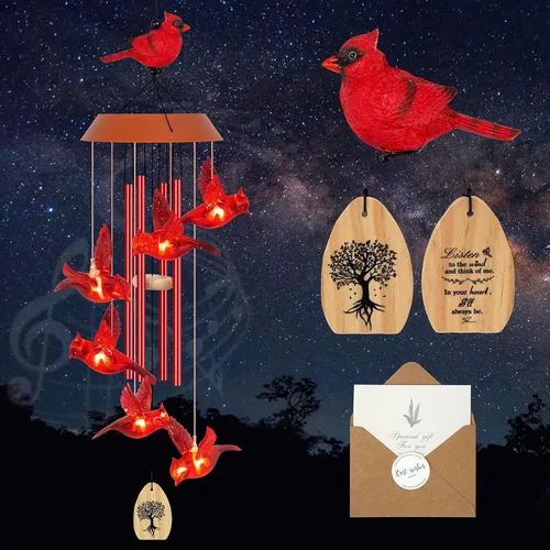Vista 13 de YHmall Campanillas de viento Cardinal para exteriores, luces colgantes solares, campanillas de viento al aire libre, regalos Cardinal para mujeres