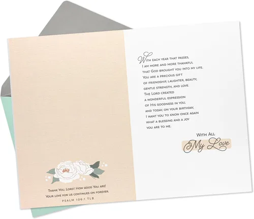 Vista 2 de Hallmark Tarjeta de cumpleaños religiosa DaySpring para esposa (mi persona favorita) Flores con purpurina y lámina dorada, flores pálidas