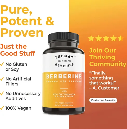 Vista 5 de Thomas' all-natural Remedies Berberine 1000 mg de apoyo metabólico - 120 cápsulas veganas con canela de Ceilán orgánica y pimienta negra Apoya