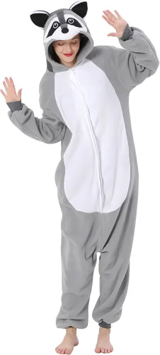 Vista 3 de Disfraz de mapache para adultos, unisex, Navidad, con cremallera, pijamas de animales para cosplay, ropa de casa de una pieza para mujeres y hombres