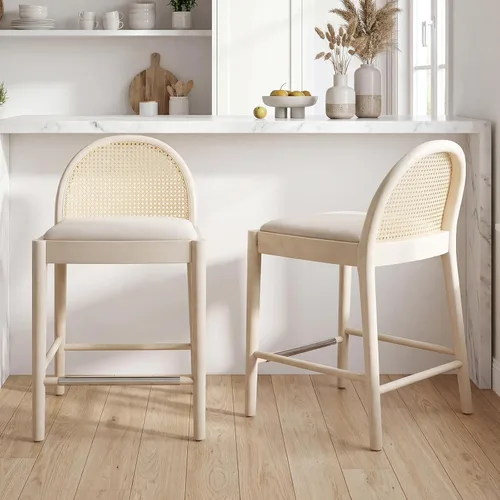 Vista 10 de HEAH-YO Taburetes de bar de ratán, juego de 2, taburetes de barra de 26 pulgadas de altura de mostrador con respaldos de ratán y patas de madera