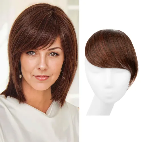 Vista 21 de SARLA Flequillo lateral negro marrón con clip en piezas de cabello sintético, extensión de flequillo recto para mujeres
