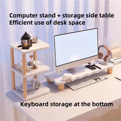 Vista 3 de Juego de soporte de monitor para escritorio, elevador de monitor de madera con estante de almacenamiento, soporte de monitor de computadora