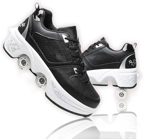 Vista 13 de Zapatos de patinaje convertibles para hombres y mujeres, zapatos de paseo automáticos para niños y adultos, patines con doble fila de ruedas, ruedas