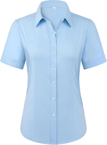 Vista 16 de Siliteelon - Camisas de vestir con protección contra manchas, sin arrugas, de manga corta, color liso, con botones, para mujer