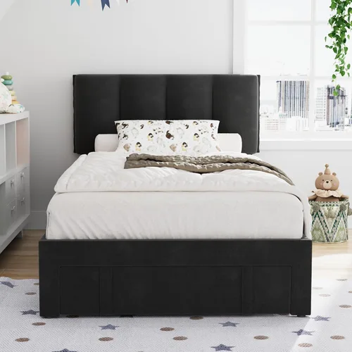 Vista 3 de VECELO Base de cama de tamaño individual con cajón de almacenamiento, base de cama de plataforma resistente con cabecera y fuerte soporte de Negro