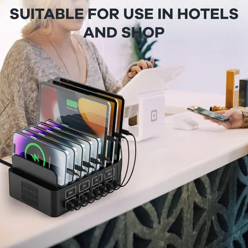 Vista 6 de Estación de carga de 150W/35A para múltiples dispositivos, RUANSZZ Estación de carga rápida de 16 puertos USB-C, Organizador de carga múltiple