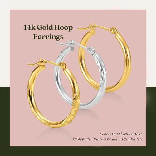 Vista 3 de Aretes de aro de tubo de 14 K de 0.18 pulgadas, corte de diamante