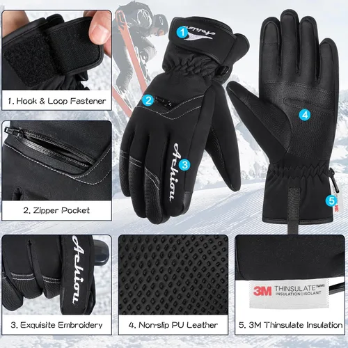 Vista 5 de Achiou Guantes de esquí para hombres y mujeres, impermeables, aislados, guantes de snowboard para pantalla táctil de invierno para -30 clima frío