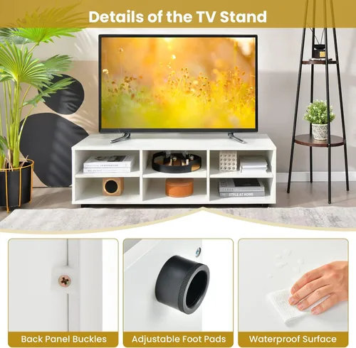 Vista 8 de Tangkula Soporte de TV con 6 compartimentos para televisores de hasta 55 pulgadas, centro de entretenimiento de madera blanca con 6 cubos