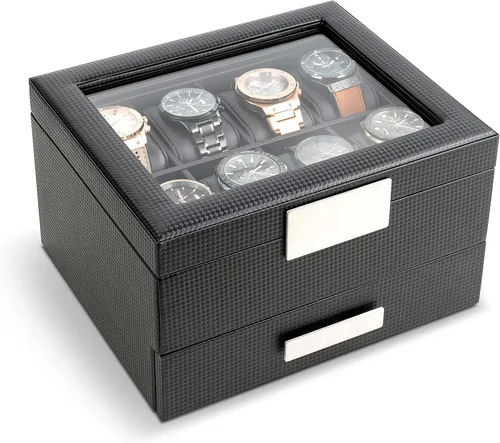 Vista 2 de Glenor Co Caja de reloj con cajón de valet para hombres, organizador de exhibición de lujo de 8 ranuras, diseño de fibra de carbono, hebilla