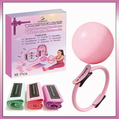 Vista 6 de Juego de anillos de yoga y pilates para entrenamientos en casa, kit de fitness de 18 piezas para mujer, accesorios de resistencia y tonificación