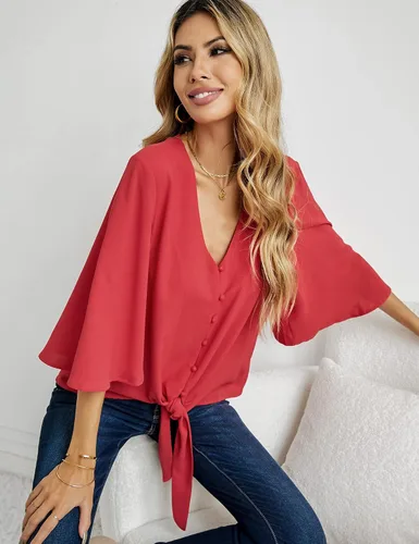 Vista 4 de Luvamia - Blusa informal de manga 34 con nudo y cuello en V para mujer, blusas unicolor con botones