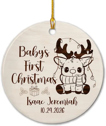 Vista 14 de Adornos de cerámica personalizados con texto en inglés «My First Christmas», bonito adorno de Navidad de gato para bebés, niños, primer recuerdo