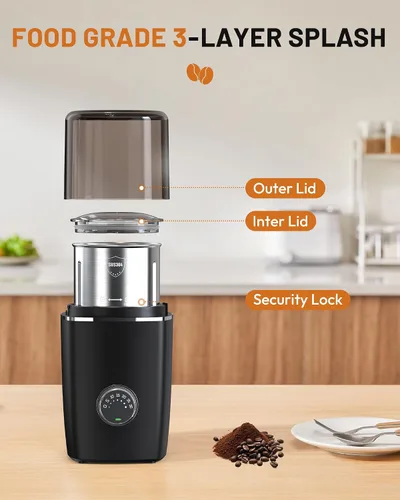 Vista 5 de CEVING Molinillo de café de hoja manos libres, molinillo de café inalámbrico con molienda ajustable 5-30S, seguridad de triple bloqueo y batería