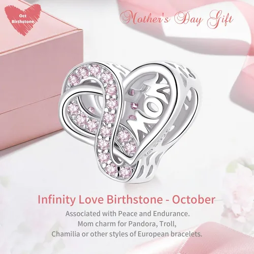 Vista 6 de VOROCO Sterling Silver Mom Charm Birthstone for Bracelets and Necklacesfront and back Consistent Infinity charms Heart for Mothers Birthday