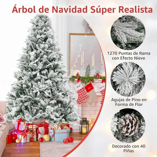 Vista 5 de HAPPYGRILL - Árbol de Navidad artificial preiluminado de 2.1 m, árbol de Navidad con nieve flocada y 320 luces LED multicolor, 8 modos de Snow Pe