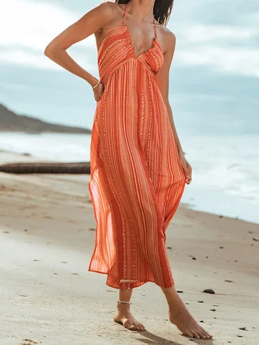 Vista 5 de CUPSHE Vestido de verano floral sin espalda para mujer, cuello halter, tirantes delgados, volantes, casual, playa, vacaciones, maxivestido