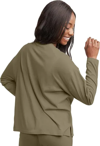 Vista 2 de Hanes Camiseta de manga larga con cuello en V para mujer, camisetas de algodón para mujer, con borde sin rematar, cuello en V