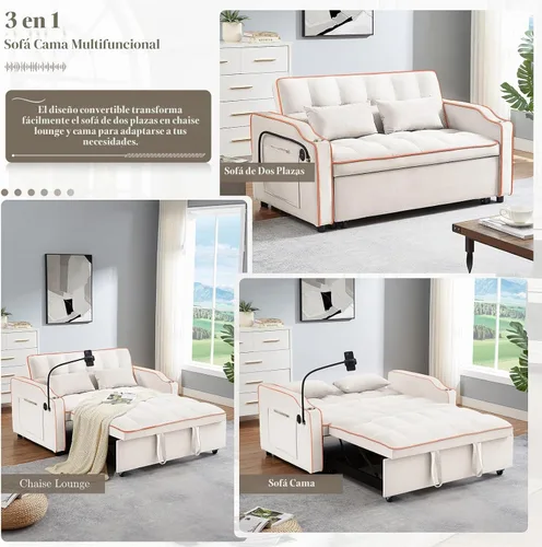 Vista 5 de JEEOEHY - Sofá cama convertible 3 en 1, sofá cama extraíble de terciopelo con puerto USB y tipo C, cómodo futón loveseat con respaldo ajustable