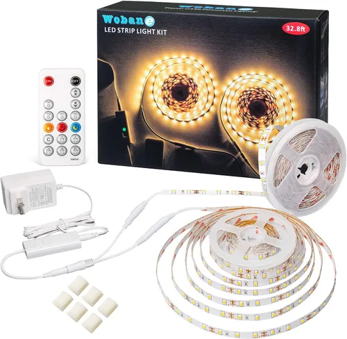Vista 8 de WOBANE - Tira de luces LED blancas, kit de tira de luz LED regulable, 16.4 pies de luces en cinta flexible para dormitorio, cocina, debajo