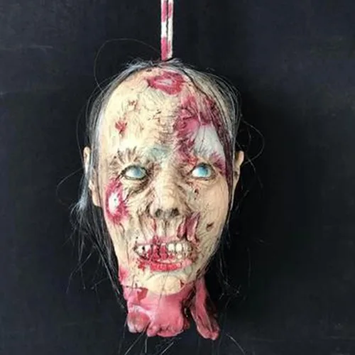 Vista 19 de Decoraciones colgantes de cabeza dividida para Halloween, cuerpo sangriento aterrador, cuerpo sangriento, tamaño real, real, accesorios de colgante