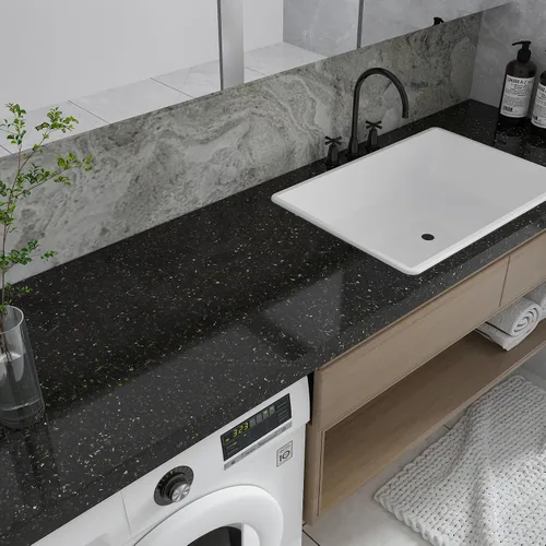 Vista 3 de CHIHUT Papel adhesivo de granito negro dorado para encimeras de cocina, papel tapiz de mármol impermeable, autoadhesivo de granito para encimera