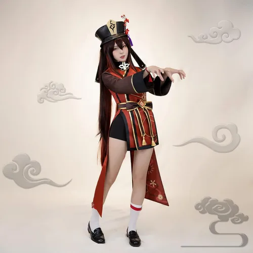 Vista 2 de CR ROLECOS Genshin Impact - Disfraz para cosplay de Hu Tao, traje para cosplay de HuTao, uniforme de fiesta de Halloween con sombrero, talla XL