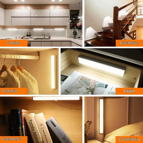 Vista 7 de Paquete de 6 luces LED con sensor de movimiento, 10 luces LED para armario, funciona con pilas, barra de luz nocturna magnética adhesiva