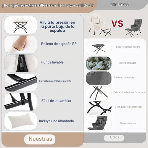 Vista 4 de Furlide Silla Perezosa con Otomana, Cómoda Silla de Salón con Brazos de Tela Acentuada con Almohada Lumbar y Reposapiés Plegable, Silla Sofá de Beige