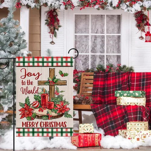 Vista 6 de Artofy Bandera de jardín decorativa pequeña cristiana de Feliz Navidad, cruz religiosa, flor de pascua, decoración exterior de césped, vela