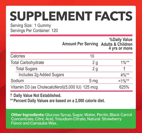 Vista 5 de Vitamina D3 5000IU / 10,000IU Gomitas para adultos y niños (120 unidades) - Soporte máximo de fuerza para el sistema inmunológico, huesos y dientes