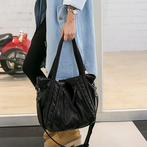 Vista 6 de Gran negro Slouchy bolso de hombro de las mujeres bolsos de hombro trenzado Hobo bolso de mano Crossbody