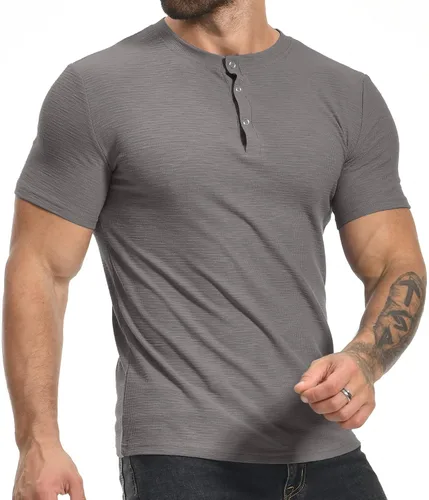 Vista 2 de YTD Camisetas musculares para hombre, camiseta elástica de manga corta para entrenamiento, casual, ajustada, camiseta Henley