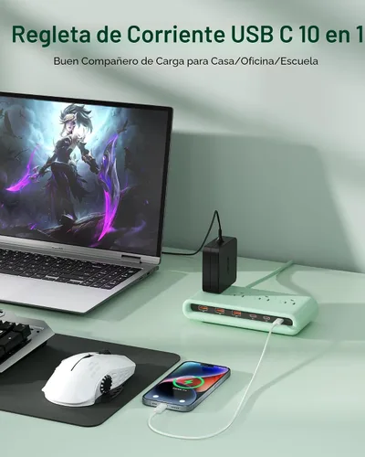 Vista 2 de Regleta de alimentación con USB C de 35 W, cargador de pared de enchufe plano 10 en 1, cable de extensión de 5 pies con 4 CA, 3 USB A y 3 USB C
