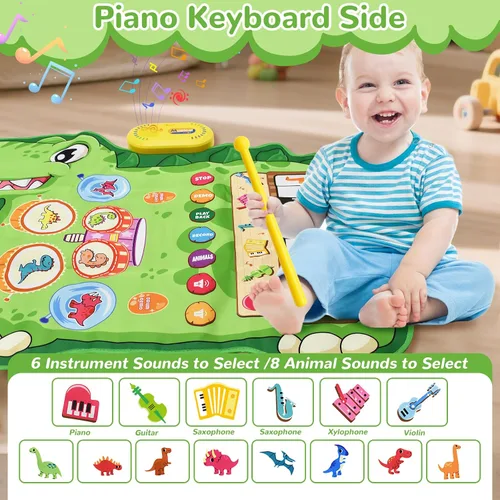Vista 4 de Cyiecw Tapete musical de dinosaurio 3 en 1, tapete de piano para jugar, regalo para niñas de 1, 2 y 3 años, juguetes sensoriales de aprendizaje