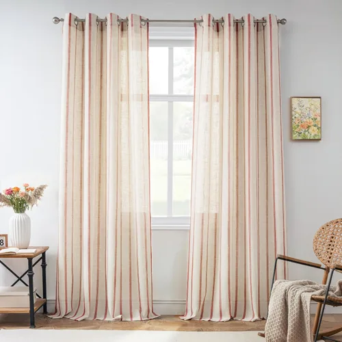Vista 79 de DriftAway Cortinas de estilo granja con rayas verticales de lino mezclado texturizado con filtro de luz semitransparente para sala de estar