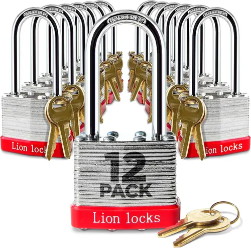 Vista 8 de Lion Locks 4 Candados de Llave Igual con Grillete Largo de 2", 8 Llaves, Candado de Acero Endurecido, Cilindro de Pines de Latón Resistente a