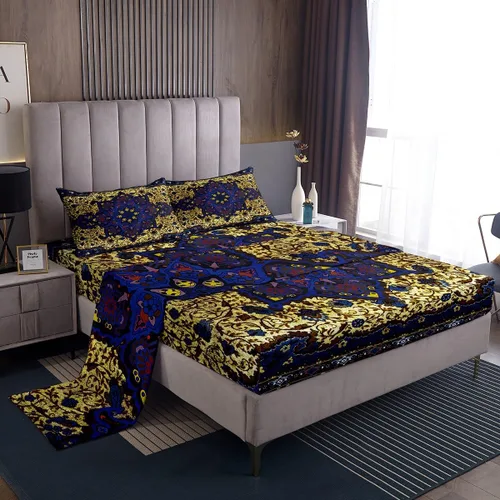 Vista 22 de Erosebridal Juego de sábanas persas tamaño individual, juego de sábanas exóticas bohemias, retro, azul, amarillo, degradado, rojo, floral, bohemio