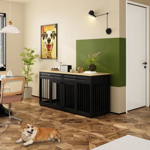 Vista 6 de Muebles grandes de jaula doble para perros de 64.6 pulgadas, muebles de madera para perreras con divisor y 2 cajones, muebles para 2 perros pequeños