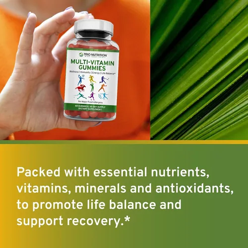 Vista 3 de TRIO NUTRITION Gomitas multivitamínicas diarias para hombres y mujeres, sabor a fruta natural con vitaminas esenciales A, B, C, D, E y zinc, sin