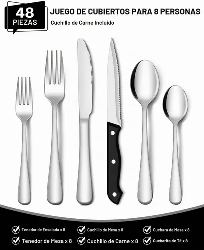 Vista 2 de EUIRIO Juego de cubiertos de 48 piezas con cuchillos para carne, cubiertos de acero inoxidable resistente para 8, cubiertos de grado alimenticio